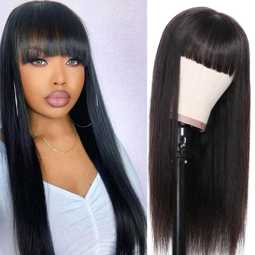 100% Human Hair Machine Made Brazilian Natural Black Straight Wig With Bangs